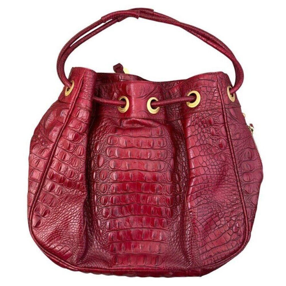 Brahmin Vintage Red Croc Embossed Leather Bucket Large Hobo Shoulder Bag Purse - Picture 10 of 11